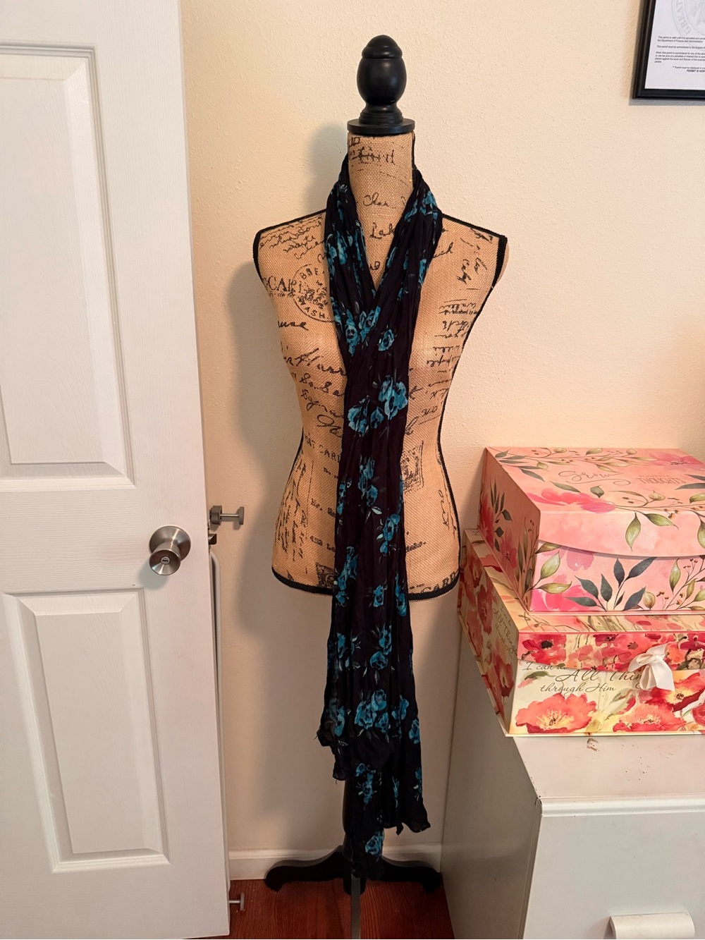 Black Floral Scarf with Teal Blue Roses
